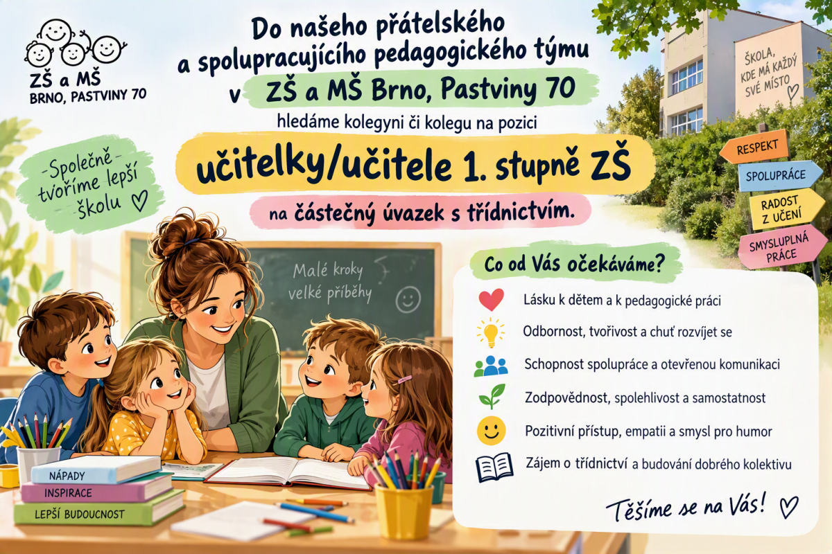 Featured image for “Učitelka / učitel pro 1.&nbsp;stupeň ZŠ (částečný úvazek + třídnictví)”